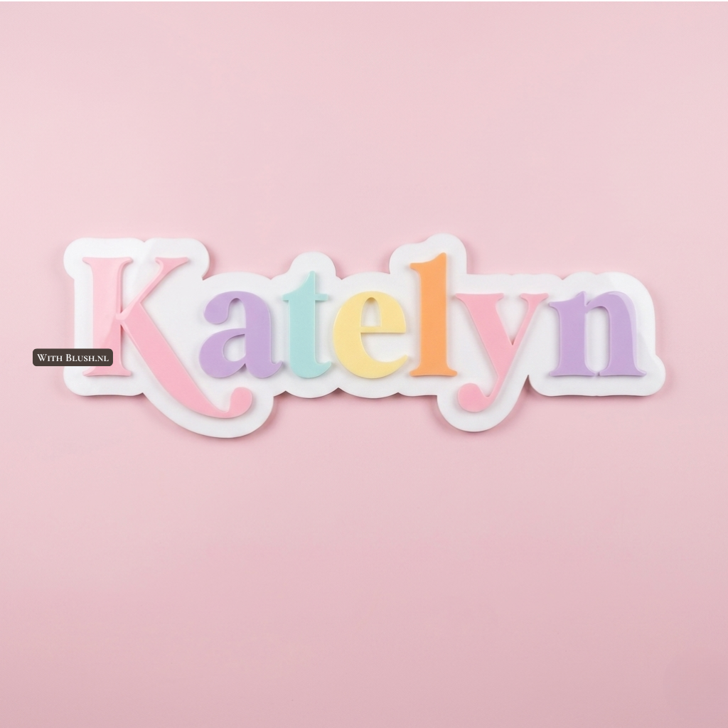 Gepersonaliseerd 2-laags 3D plexiglas naambordje met de naam Katelyn in pastelkleuren op een witte achtergrond, gemonteerd op een roze muur. De letters hebben de vaste volgorde babyroze, lila, mint, geel, abrikoos, babyroze en lila