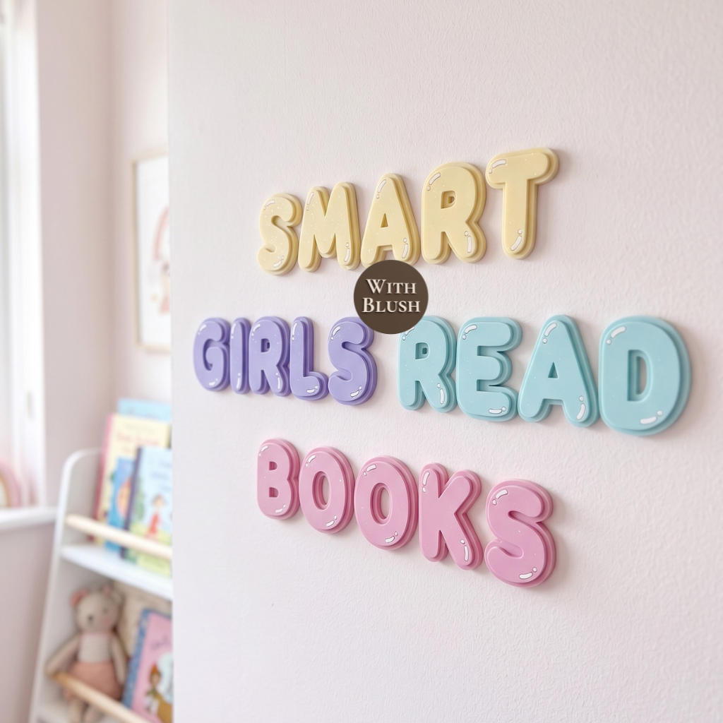 Handgemaakte 3D matte acryl bubbel letters met de tekst 'Smart Girls Read Books' in de pastelkleuren geel, lila, mintgroen en babyroze op een witte ondergrond.