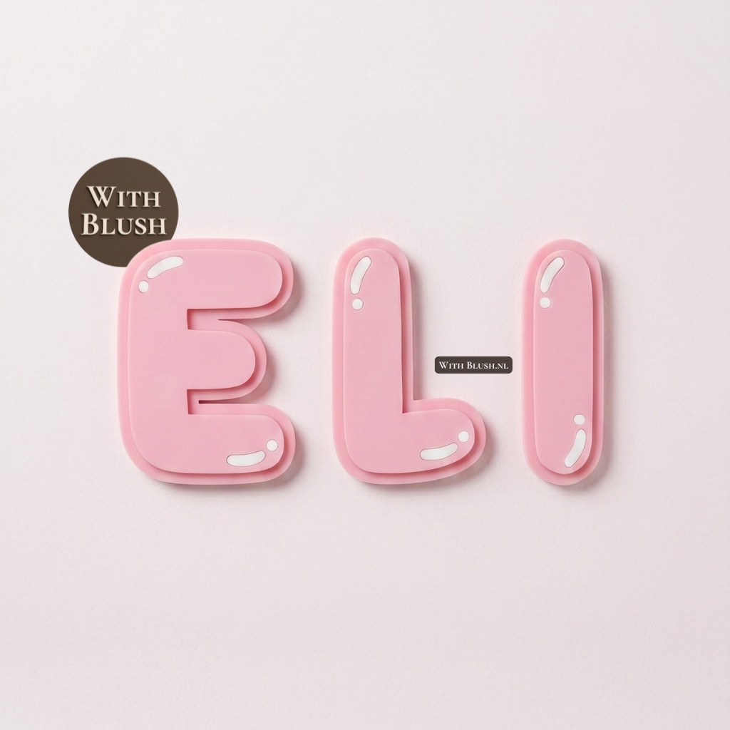 3D plexiglas bubbel letters met witte uitgesneden accenten die de naam Eli vormen, ontworpen als unieke wanddecoratie.