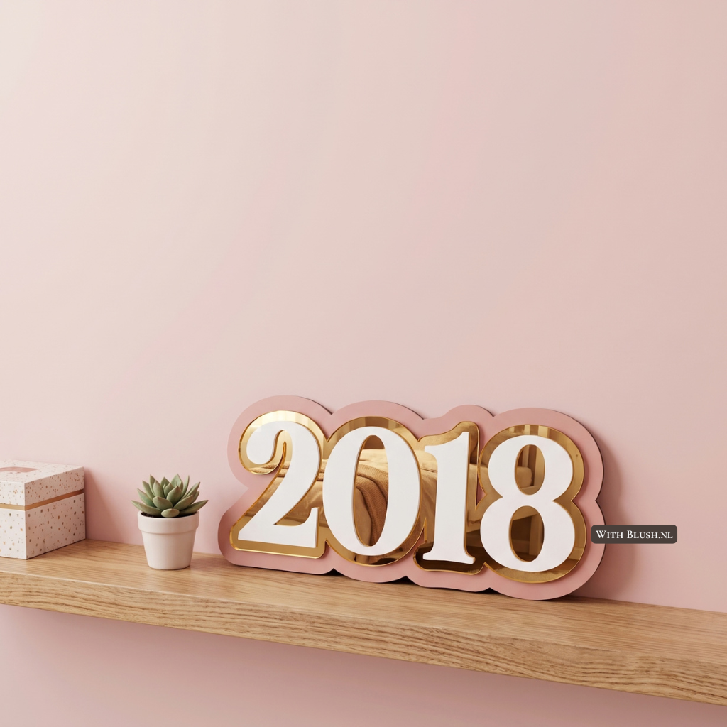Gepersonaliseerd 3D geboortejaar bord van plexiglas met opliggend wit jaartal, gouden spiegellaag en een matte achtergrond, leunend tegen een muur op een houten plankje in een kinderkamer.