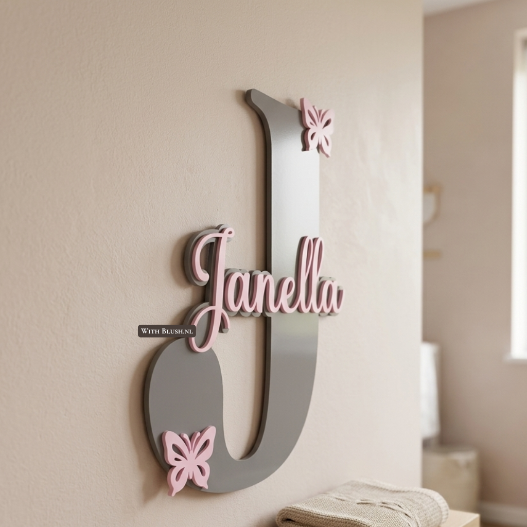 3D naambord letter van grijs glanzend acryl plexiglas en naam van roze acryl plexiglas