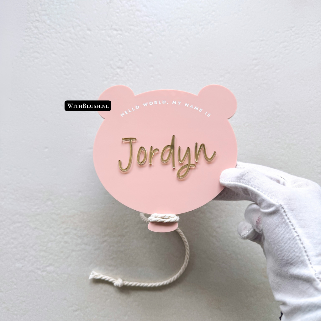 Geboortebord Teddybeerballon | Hello World My Name Is