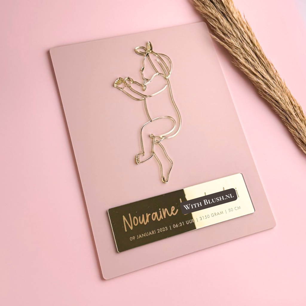 roze geboorteposter van plexiglas met gouden baby lijntekening en naamplaatje van goud spiegelplexiglas