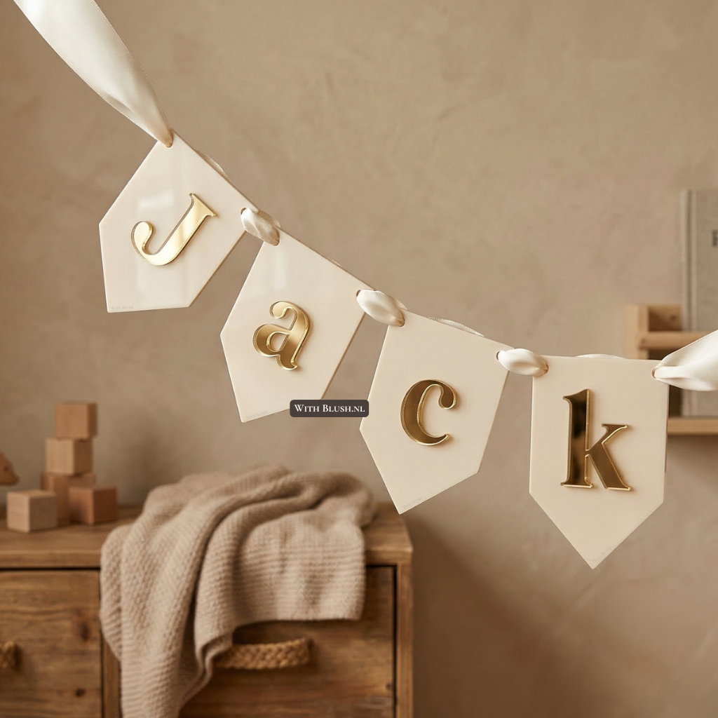 Beige glanzende plexiglas naamslinger met de naam Jack in gouden spiegelletters, sfeervol hangend in een kinderkamer met bruin- en beigetinten.