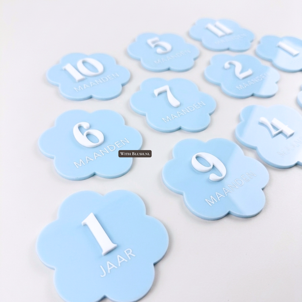 Baby mijllpaalkaarten set in de vorm van madeliefjes in babyblauw