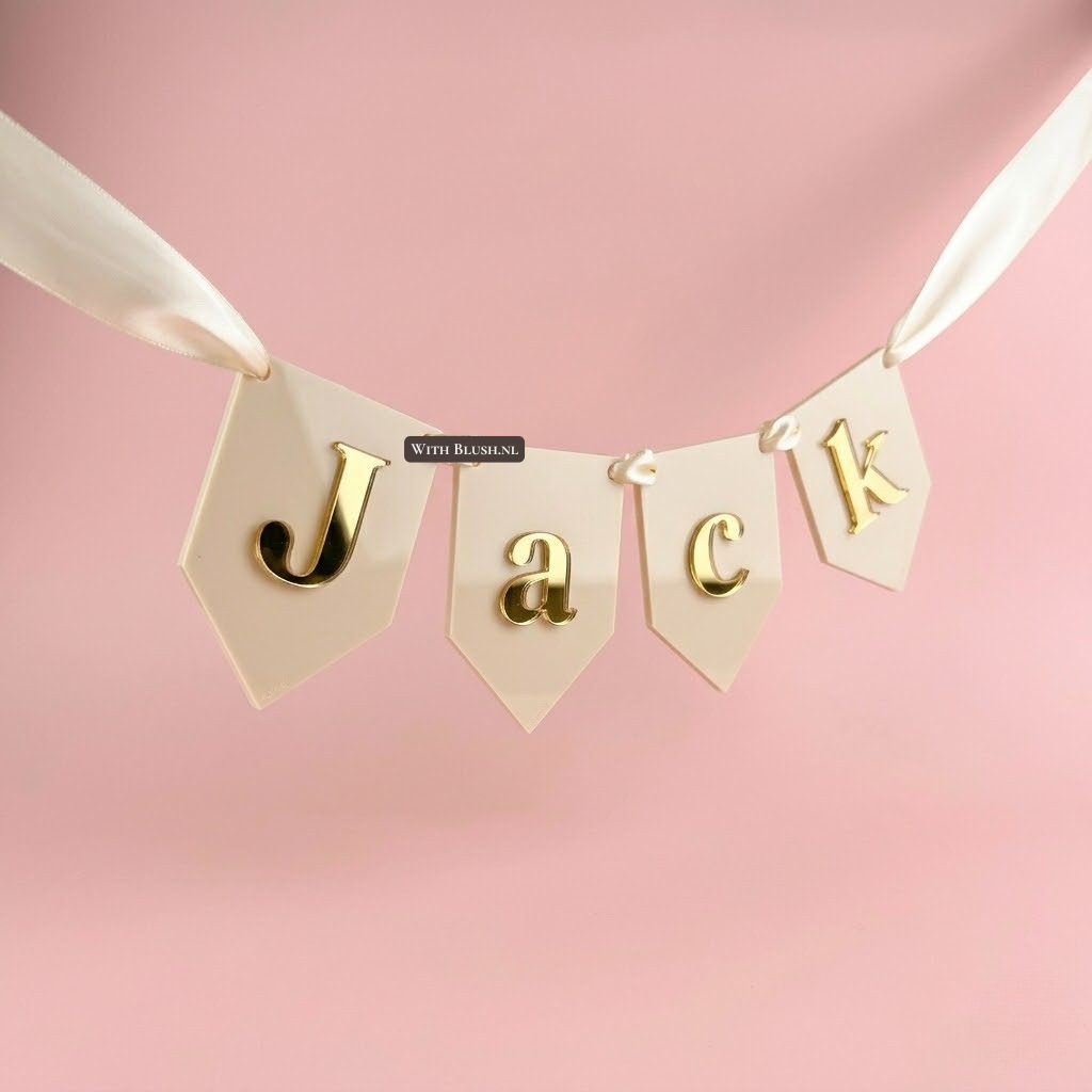 acryl beige vlaggetjes met naam van spiegel goud plexiglas en satijnlint