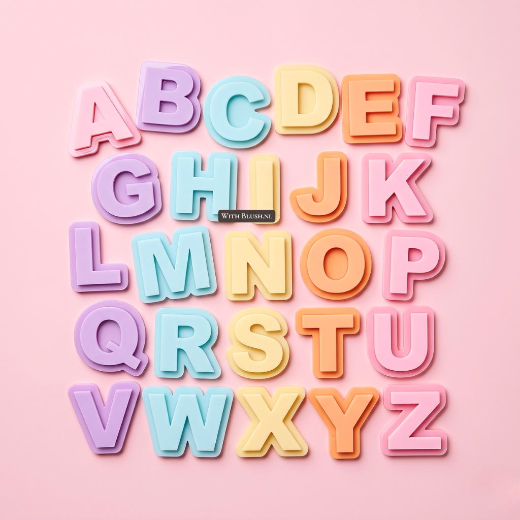 Complete alfabet in 3D speelletters. Gemaakt van dubbellaags plexiglas in de warme pastelkleuren roze, lila, mint, geel en oranje.