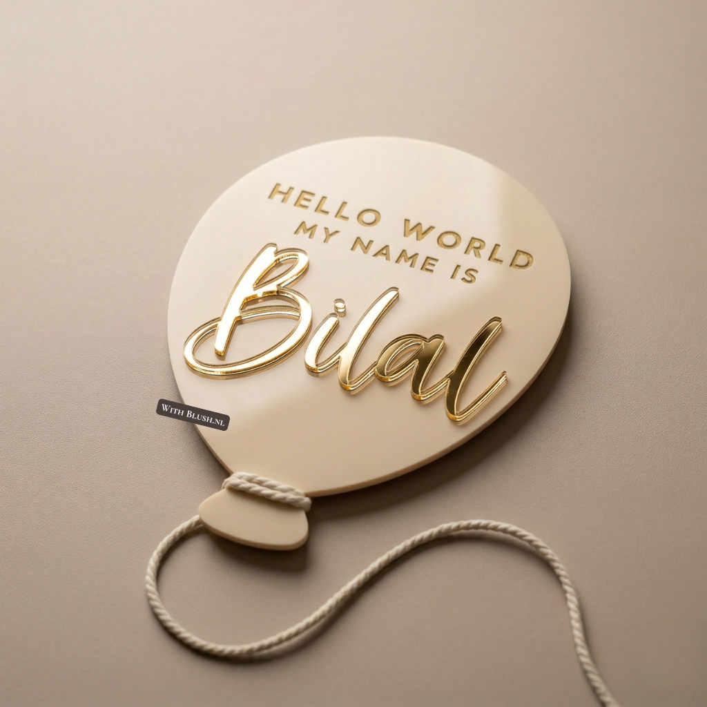 Crème acryl geboortebord in ballonvorm met gouden spiegelletters en de naam Bilal