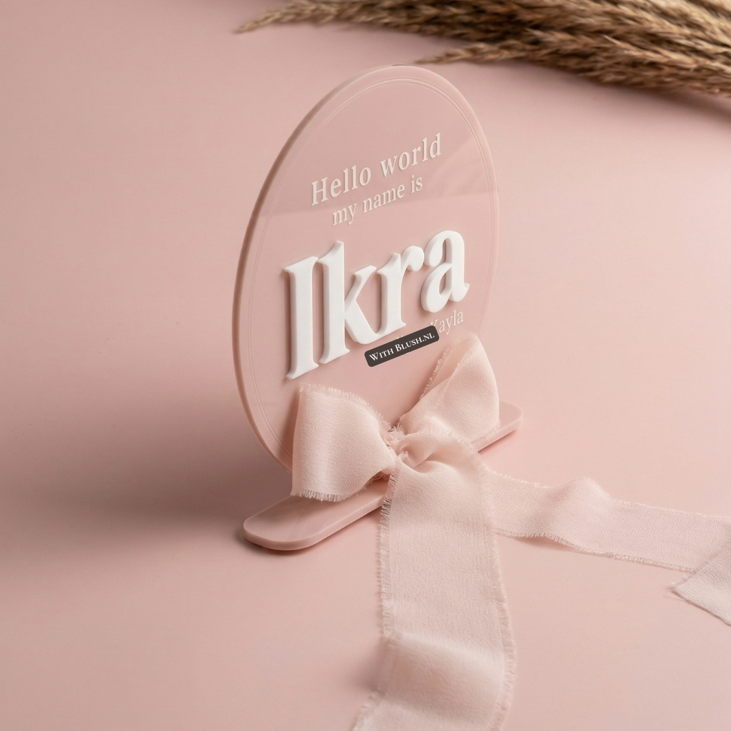 Een staand rond geboortebord van oudroze acryl op een bijpassende standaard. Het naambordje voor baby Ikra heeft witte 3D letters, een gegraveerde tekst en een luxe roze lint. Gedecoreerd met pampasgras, ideaal als babykamer decoratie of kraamcadeau.