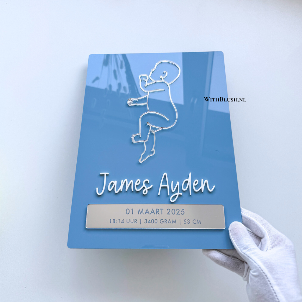 Geboorteposter met Naam & Geboortegegevens op Gegraveerd Plaatje | Lijntekening Baby