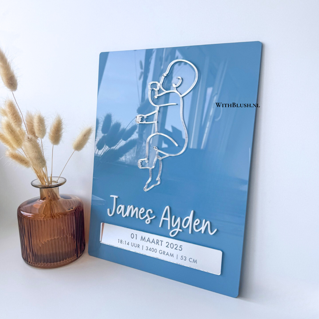 Geboorteposter met Naam & Geboortegegevens op Gegraveerd Plaatje | Lijntekening Baby