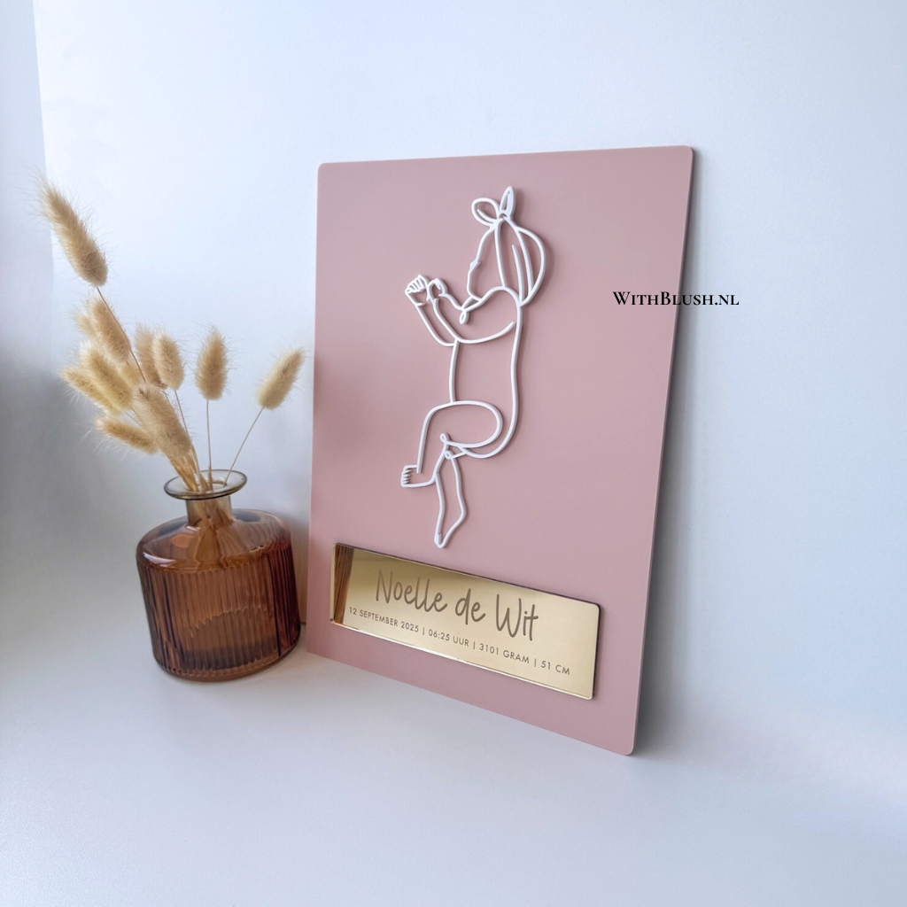 Geboorteposter met Naam & Geboortegegevens op Gegraveerd Plaatje | Lijntekening Baby