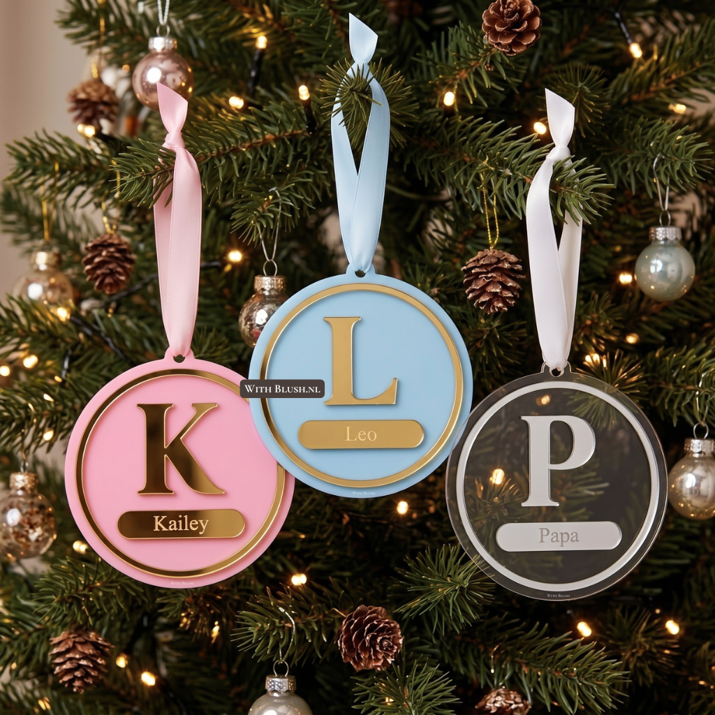 Een gelaagde ronde plexiglas kerstbal van 10 cm diameter met een grote gepersonaliseerde initiaalletter en een gegraveerd naamplaatje, bevestigd aan een satijnen lint en opgehangen aan een kerstboomtak met sfeerverlichting.