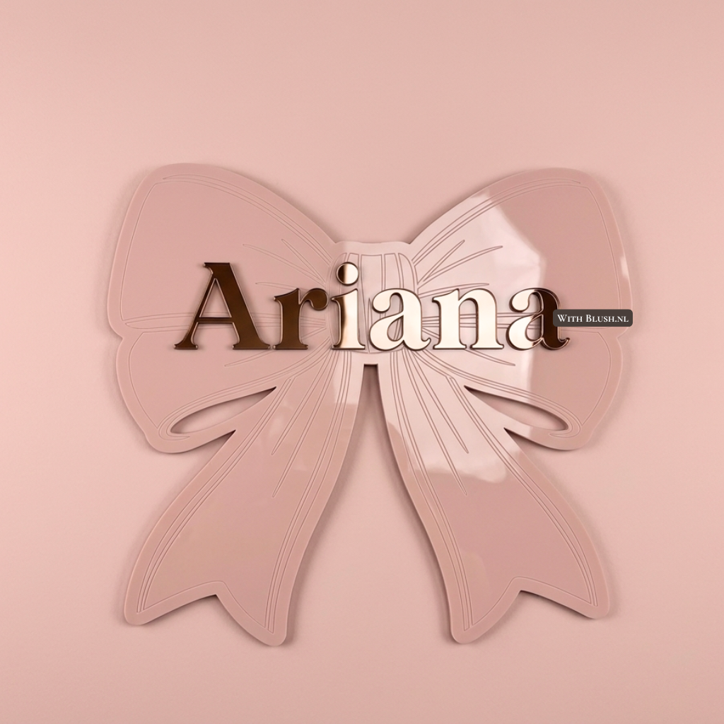 Gepersonaliseerde roze plexiglas strik met de naam Ariana in glanzend brons spiegel plexiglas, wanddecoratie voor de babykamer.
