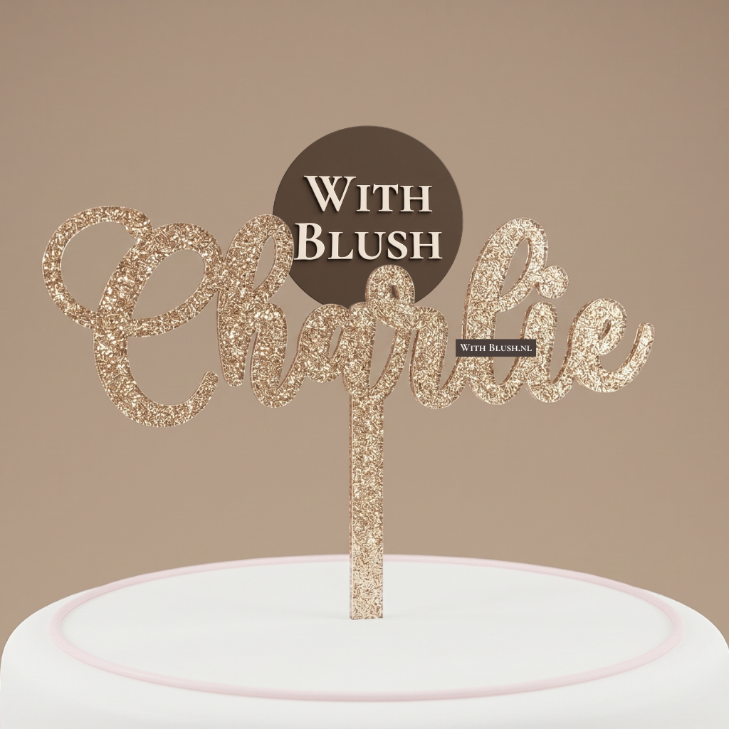 Enkele laag taarttopper met de naam Charlie in goud glitter plexiglas.
