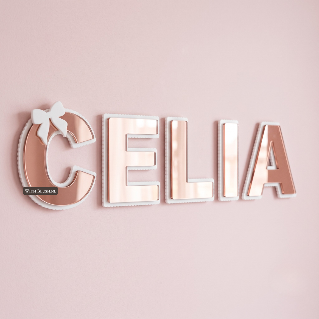 Geschulpte acryl naamletters met strik in mat wit en spiegel plexiglas als 3D wanddecoratie aan de muur in een kinderkamer.