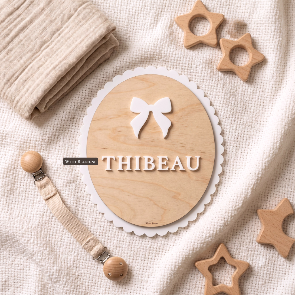 foto van een gepersonaliseerd ovaal houten baby naambordje voor "THIBEAU". Het bordje heeft een lichte houtnerf met een witte schulprand en de naam staat in witte 3D letters met daarboven een wit strikje.