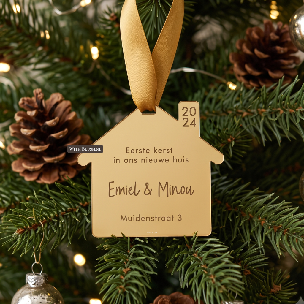 Een goud spiegel plexiglas huisje kerstbal hangend in een kerstboom. De gravure op het goudkleurige ornament is gepersonaliseerd met namen, volledig adres en de tekst "Eerste Kerst In Ons Nieuwe Huis". Inclusief een satijnlint.