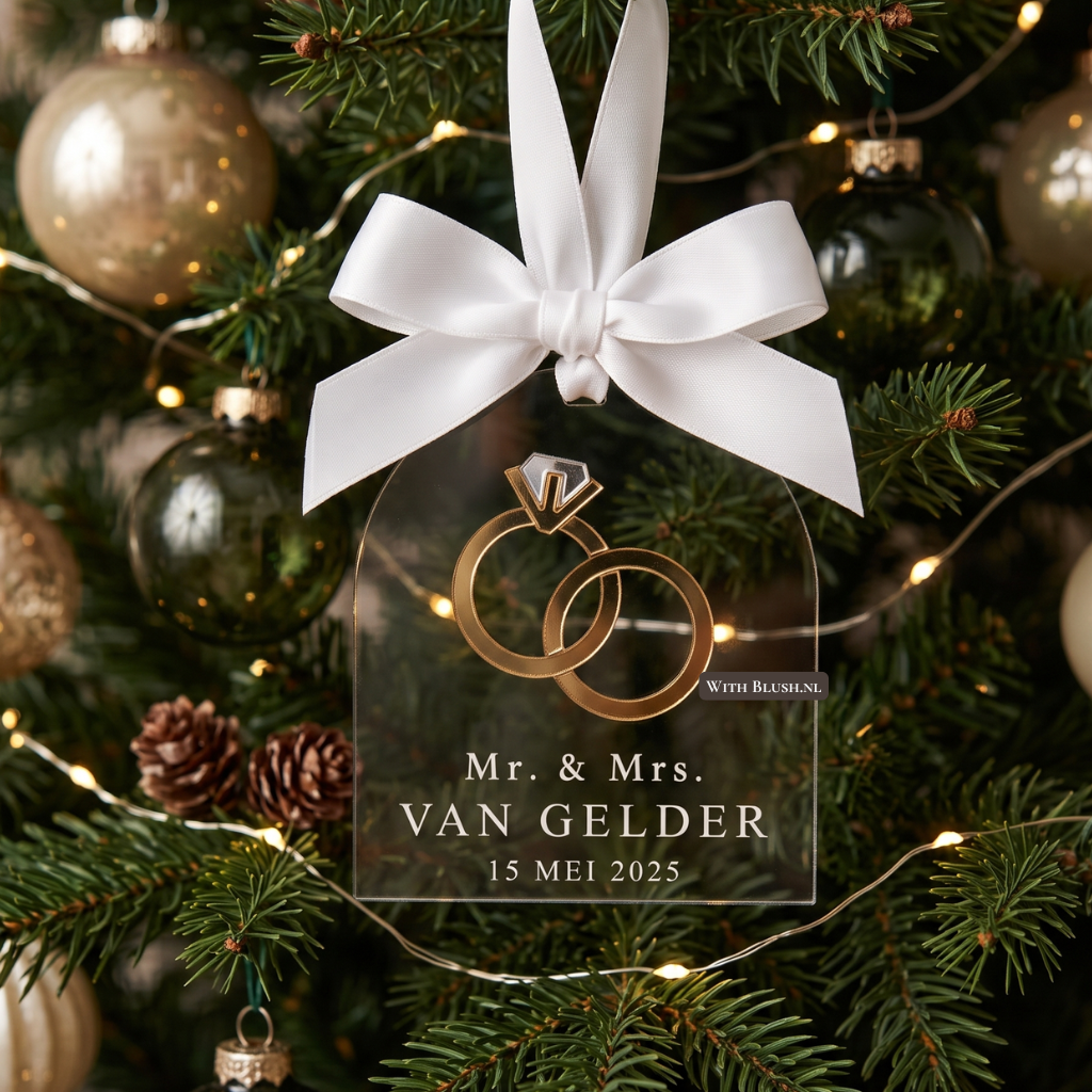 plexiglas kerstornament met trouwringen van plexiglas mr and mrs, getrouwd tijdens kerst