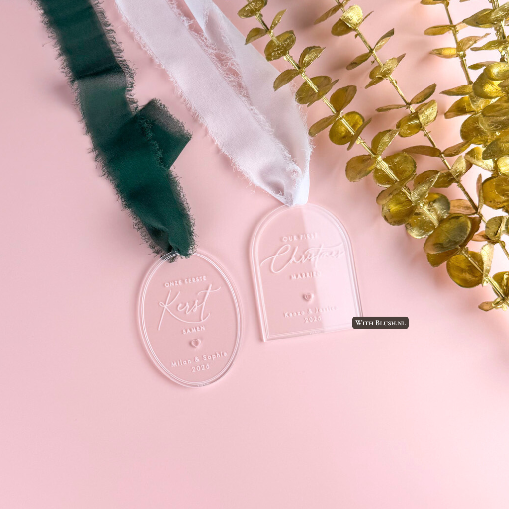 kerstornament onze eerste kerst van plexiglas met namen gegraveerd