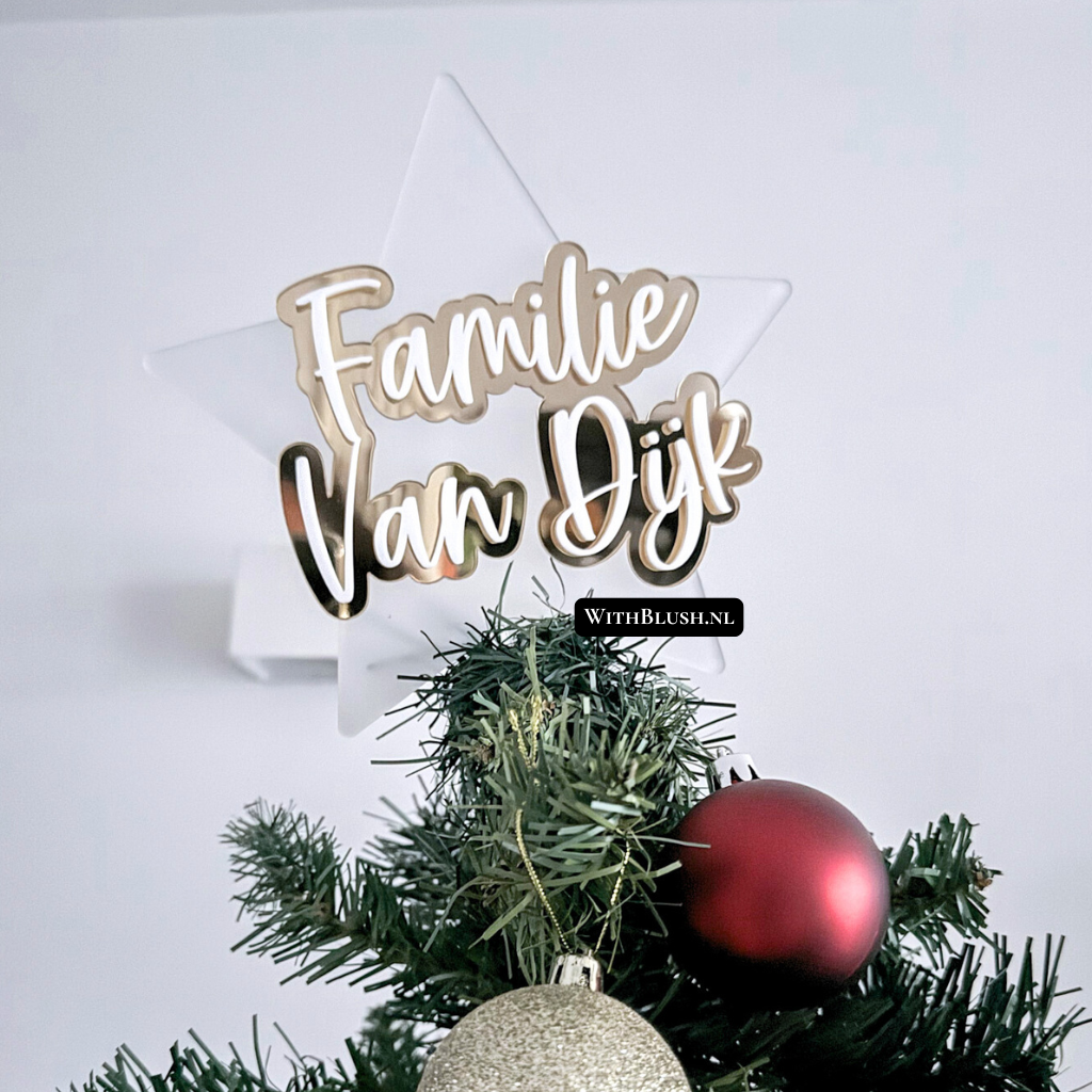 gepersonaliseerde kerstboom topper met familienaam achternaam