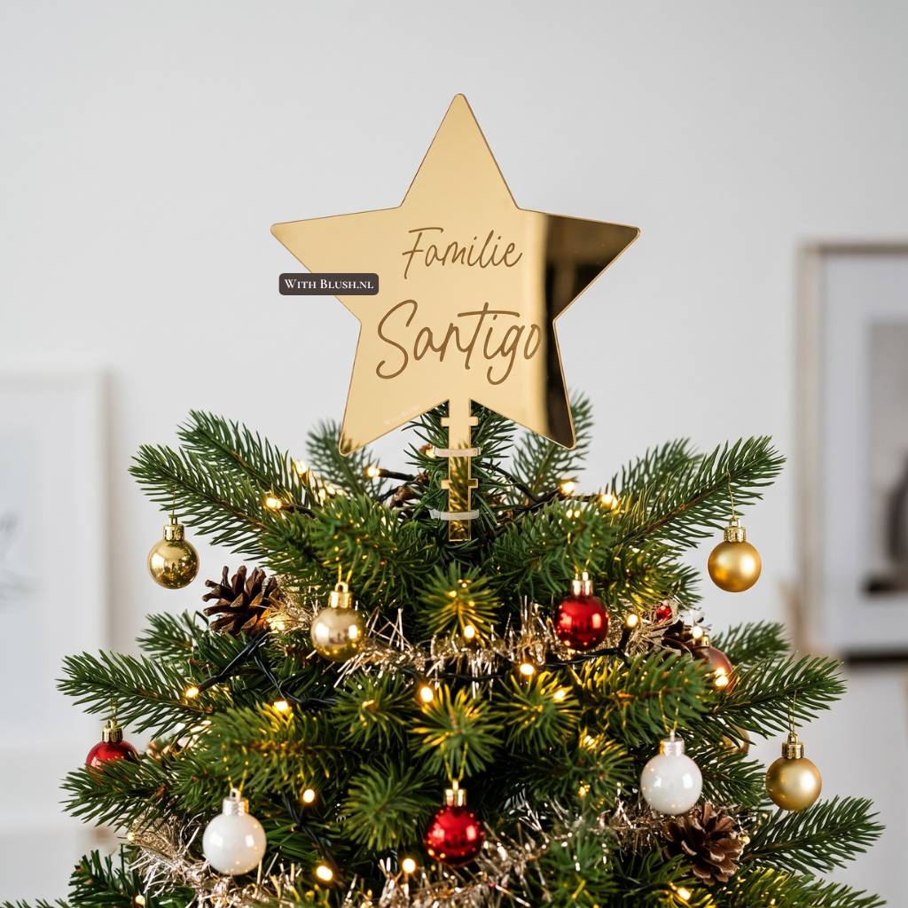 Gepersonaliseerde plexiglas kerstboomtopper sterren met de gegraveerde familienaam 'Familie Santigo' in goud spiegel plexiglas