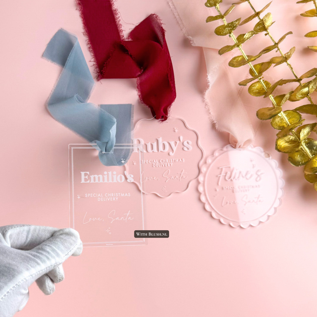 Gepersonaliseerd kerstzak-label van transparant of spiegel plexiglas met kerstbezorging tekst