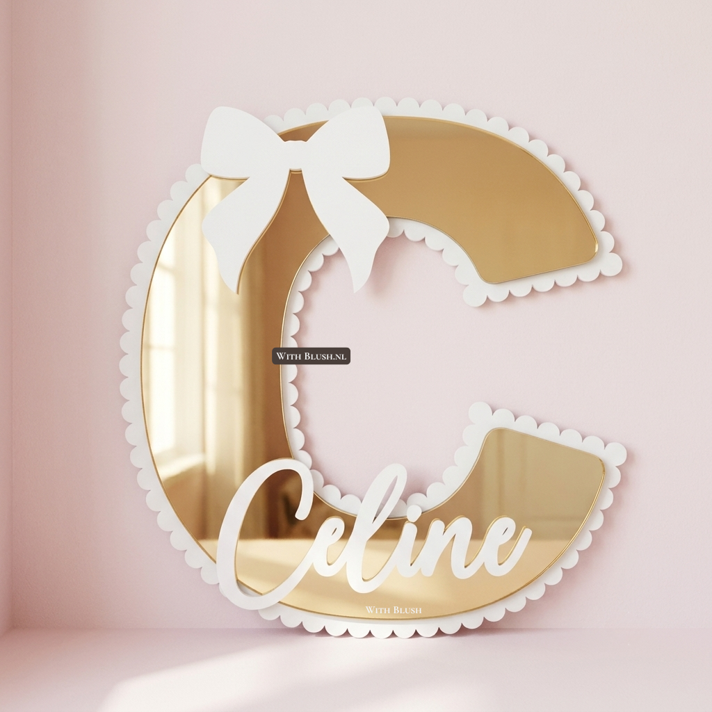 Luxe geschulpte letter C van spiegel goud plexiglas met wit opliggend strikje en naam Celine voor babykamer decoratie.