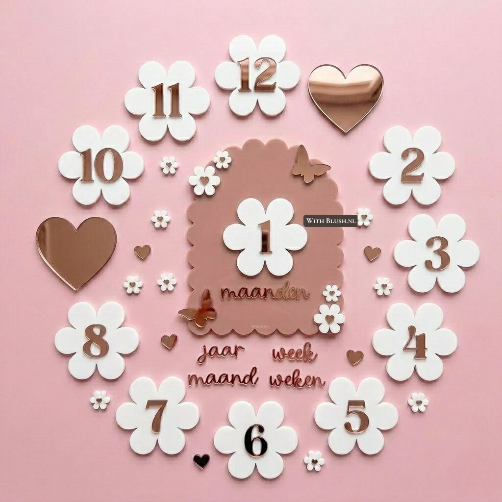 Luxe mijlpaalbordje voor baby van roze plexiglas met verwisselbare witte madeliefjes en rosegoud cijfers.
