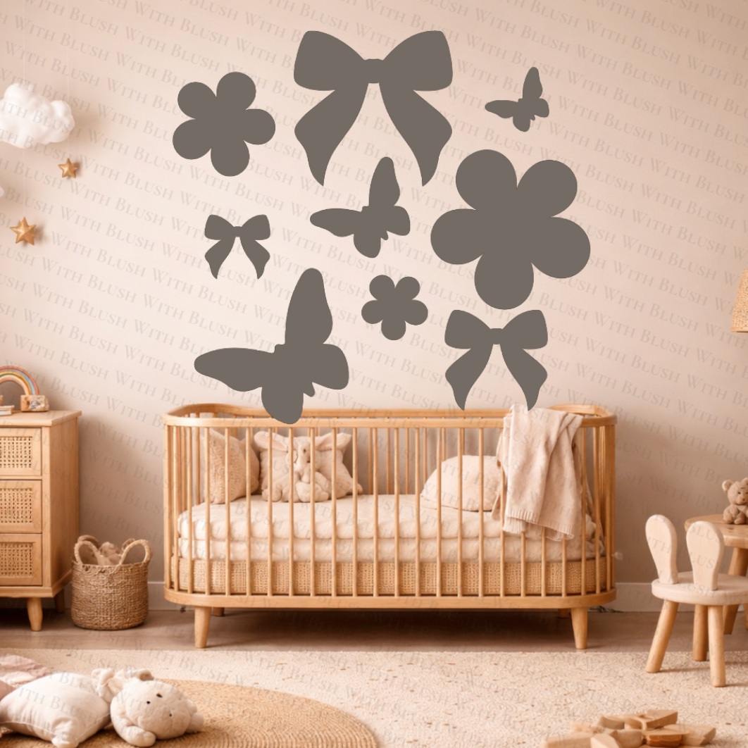 Muurdecoratie Set: Vlinders, Strikjes & Bloemetjes – Plexiglas of Hout