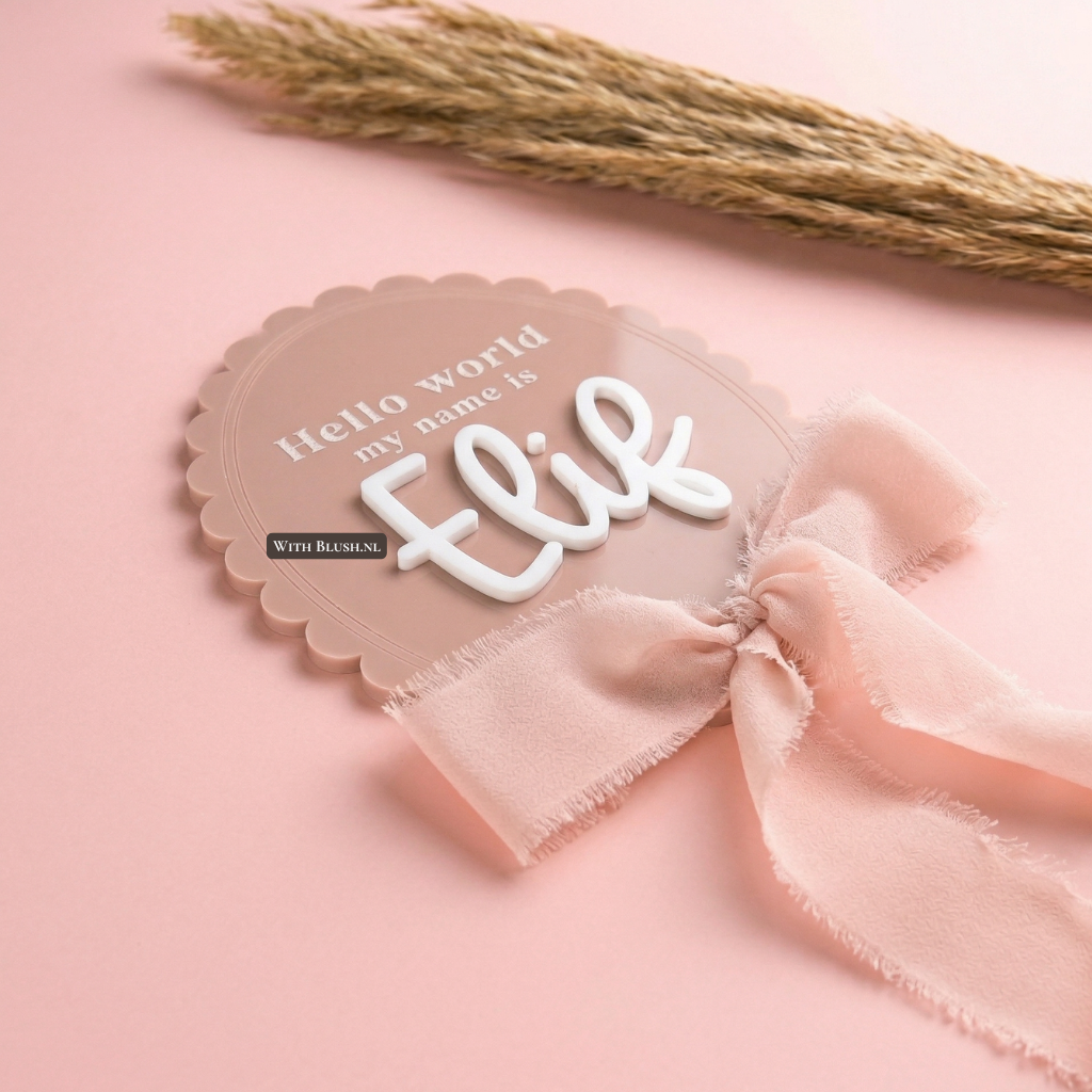 Close-up foto van een gepersonaliseerd, oudroze acryl naambordje voor een baby, met een geschulpte rand. Het bordje toont de gegraveerde tekst 'Hello world my name is' en de naam 'Elif' in verhoogde, witte 3D-scriptletters. Een groot, roze rafelig zijden lint is aan de onderkant gestrikt. Het bordje ligt op een zachte roze ondergrond met een bosje pampasgras in de achtergrond.