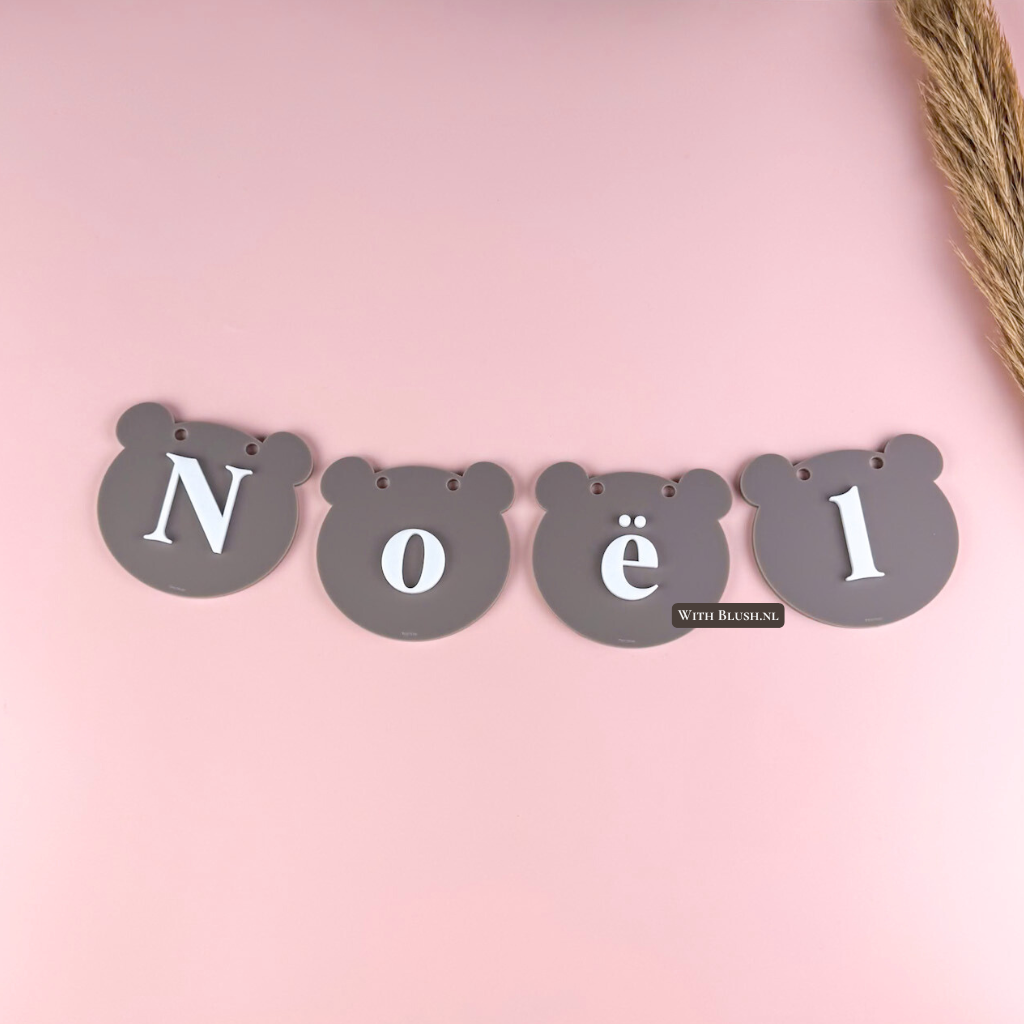 Naamslinger teddybeertjes taupe mat plexiglas