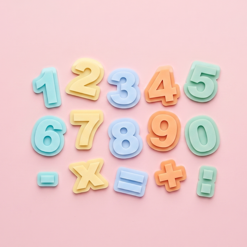 Educatieve speelcijfers 0 tot en met 9 en rekentekens. Gemaakt van dubbellaags acryl in de frisse pastelkleuren mint, geel, lichtblauw, oranje en zachtgroen.