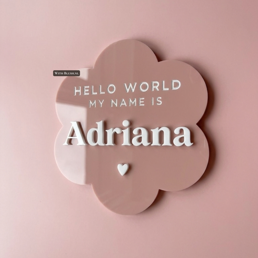 Roze acryl plexiglas geboortebord in bloemvorm met witte 3D-letters en de naam Adriana