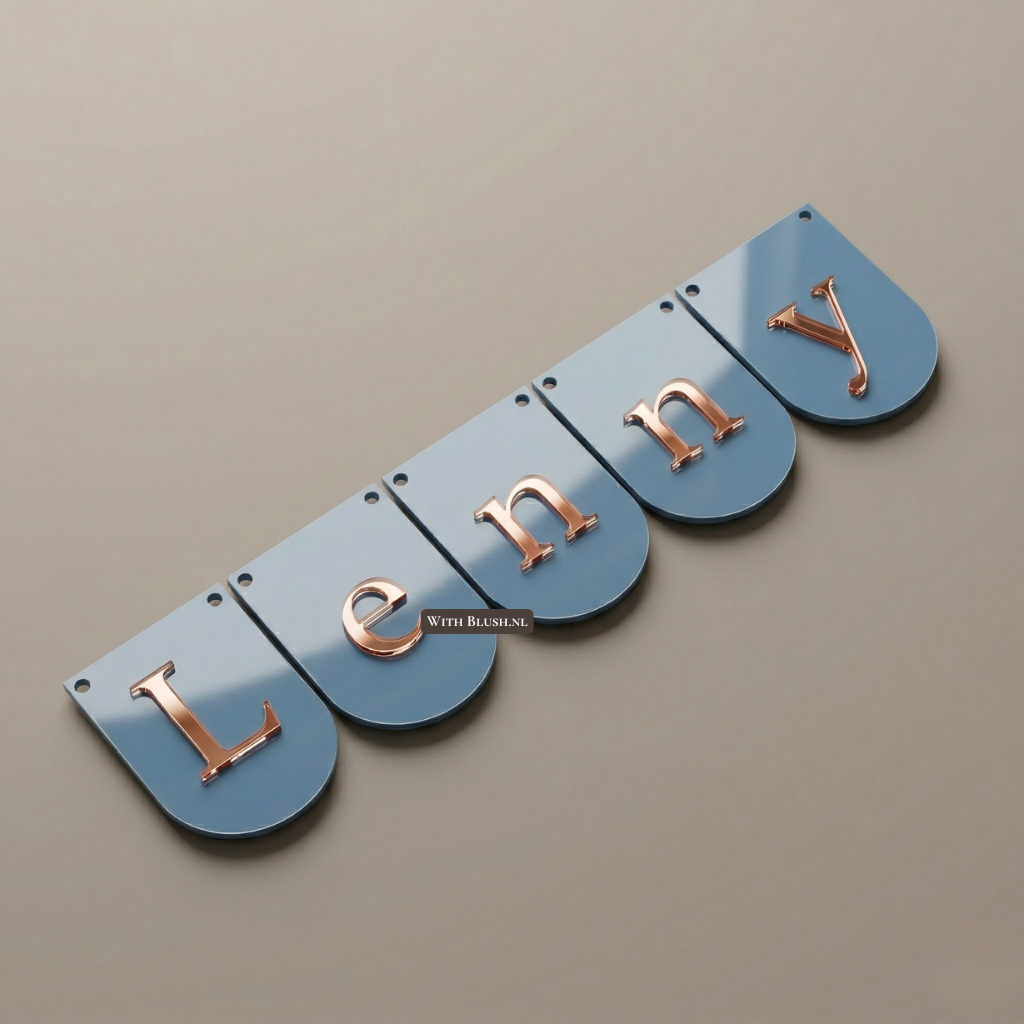 Staalblauw acryl plexiglasnaamslinger met roségouden spiegelletters en de naam Lenny