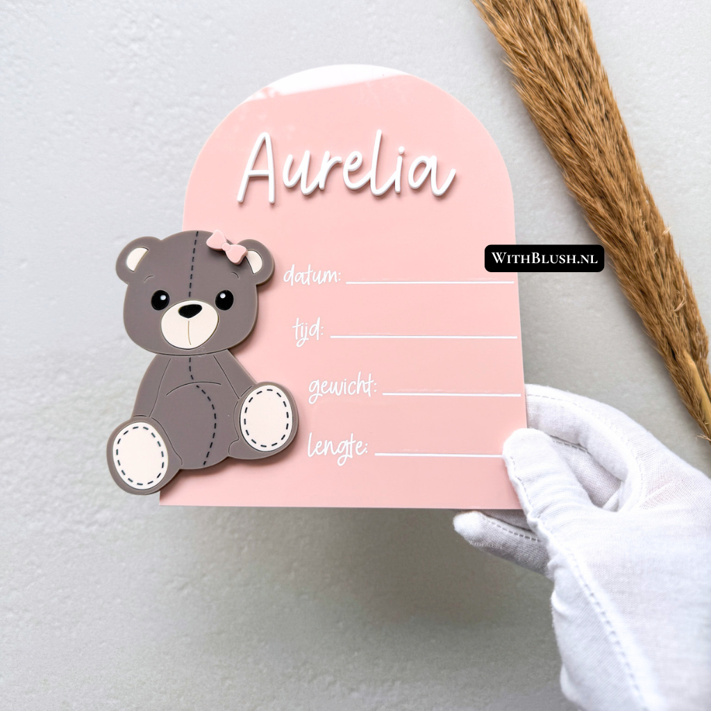 Teddy Geboortebord – Gebogen Invulbordje met Naam & Geboortegegevens