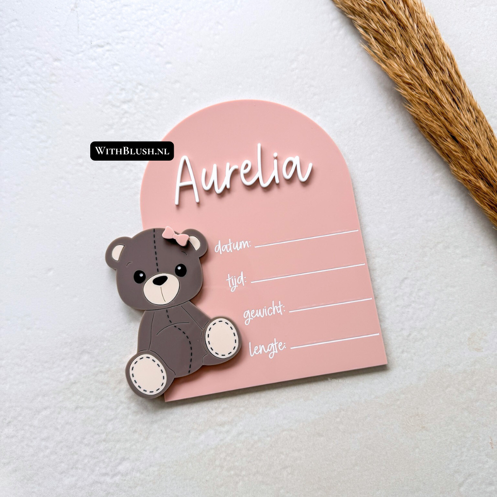 Teddy Geboortebord – Gebogen Invulbordje met Naam & Geboortegegevens