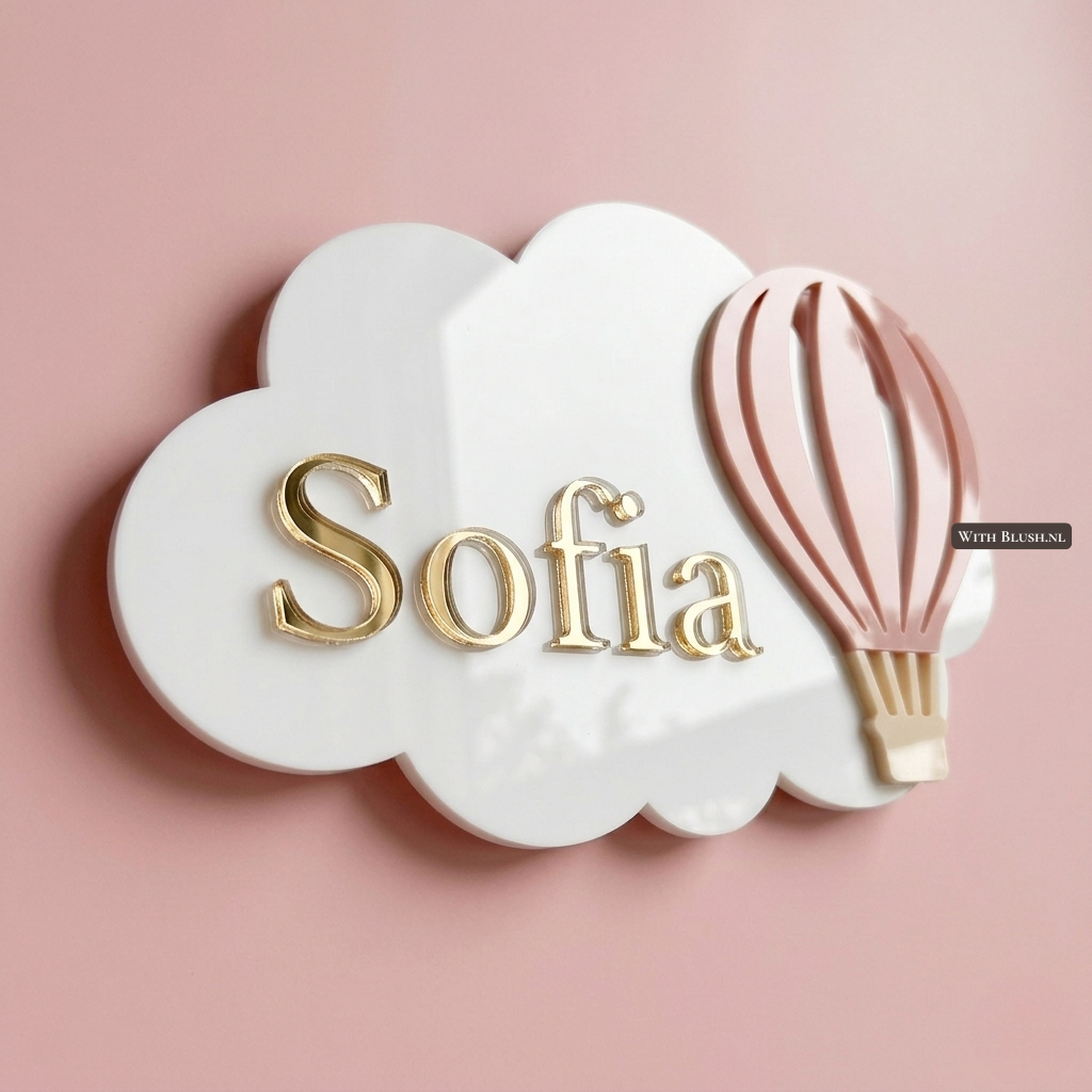 Wit acryl plexiglas naambord in wolkvorm met gouden spiegelletters, roze luchtballon en de naam Sofia