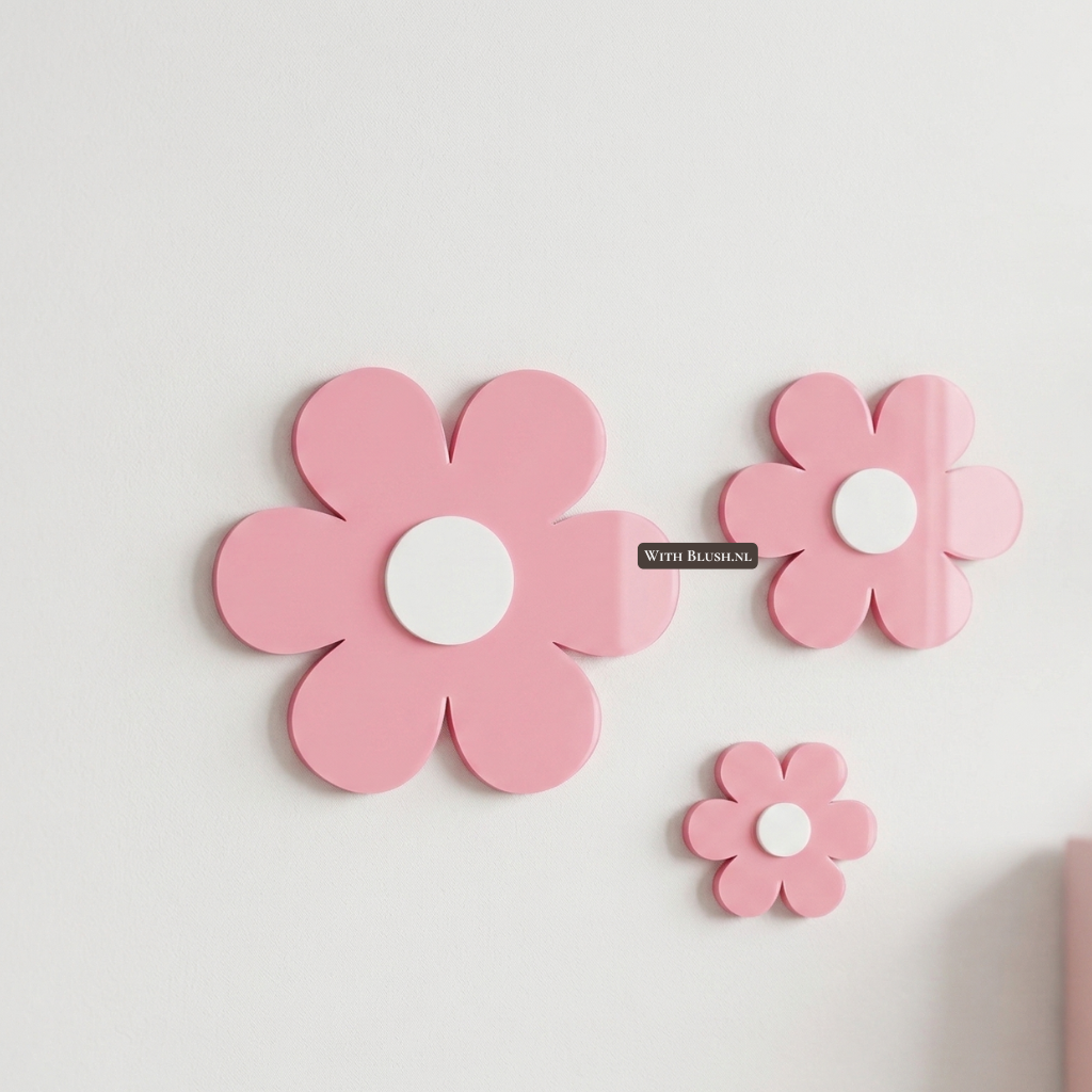 Set van drie 3D madeliefjes wanddecoratie van glanzend plexiglas in de kleuren roze op een witte kinderkamer muur.