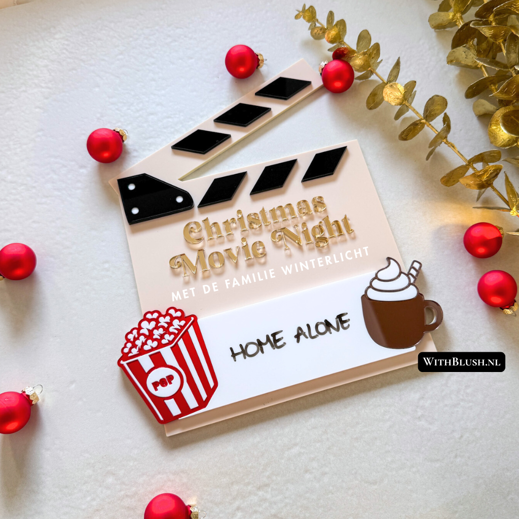filmklapper bord Christmas movie night van plexiglas - kerstdecoratie met naam