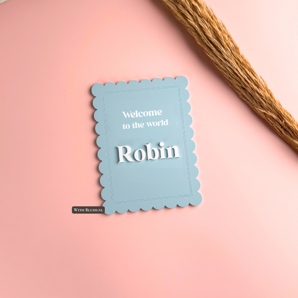 Gepersonaliseerd geboortebord Welcome to the world in verschillende vormen met witte gravure en optionele lintstrik