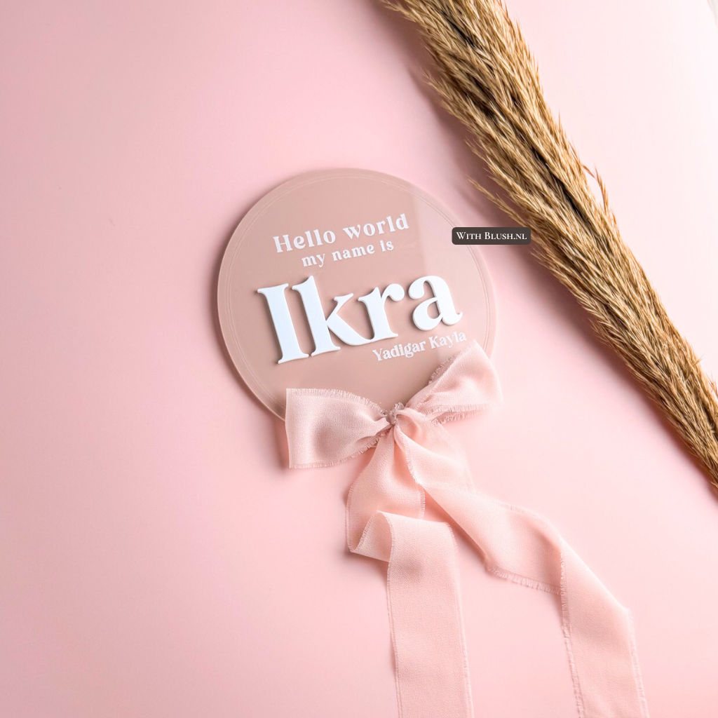 Geboorteaankondiging Vintage | Hello World, My Name Is – Lintstrik (optioneel)