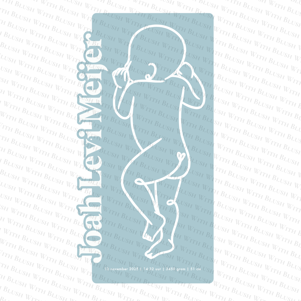 Gepersonaliseerd geboortebord met verticale naam, baby lijntekening en geboortedetails in plexiglas of hout.