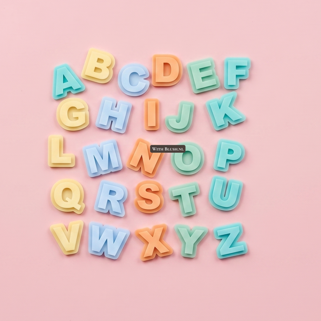 Complete alfabet in 3D speelletters. Gemaakt van dubbellaags acryl in de frisse pastelkleuren mint, geel, lichtblauw, oranje en zachtgroen.