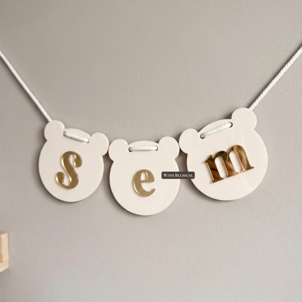 Gepersonaliseerde beige teddybeer vlaggetjes slinger van plexiglas met spiegelende goudletters.