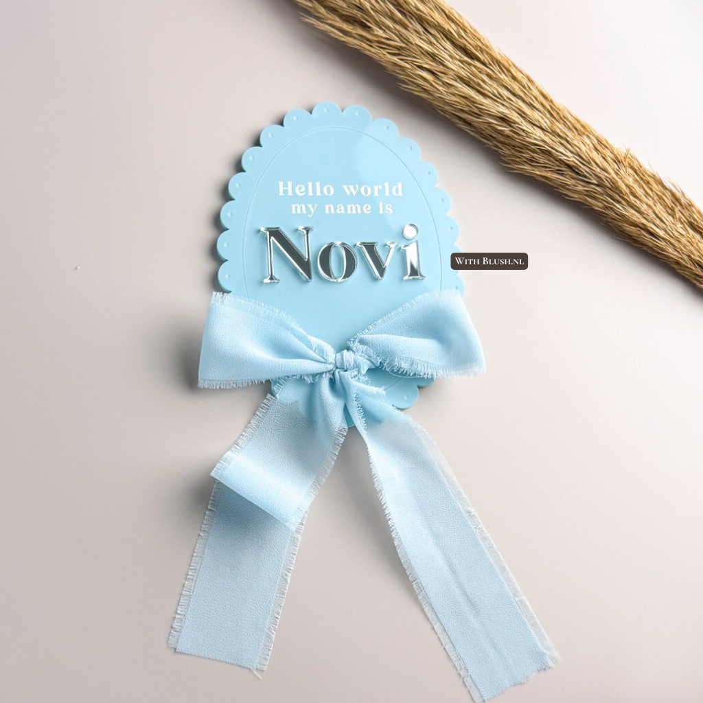 Geboortebord Vintage Scallop Ovaal met Lintstrik | Hello World My Name Is | Welcome to the World