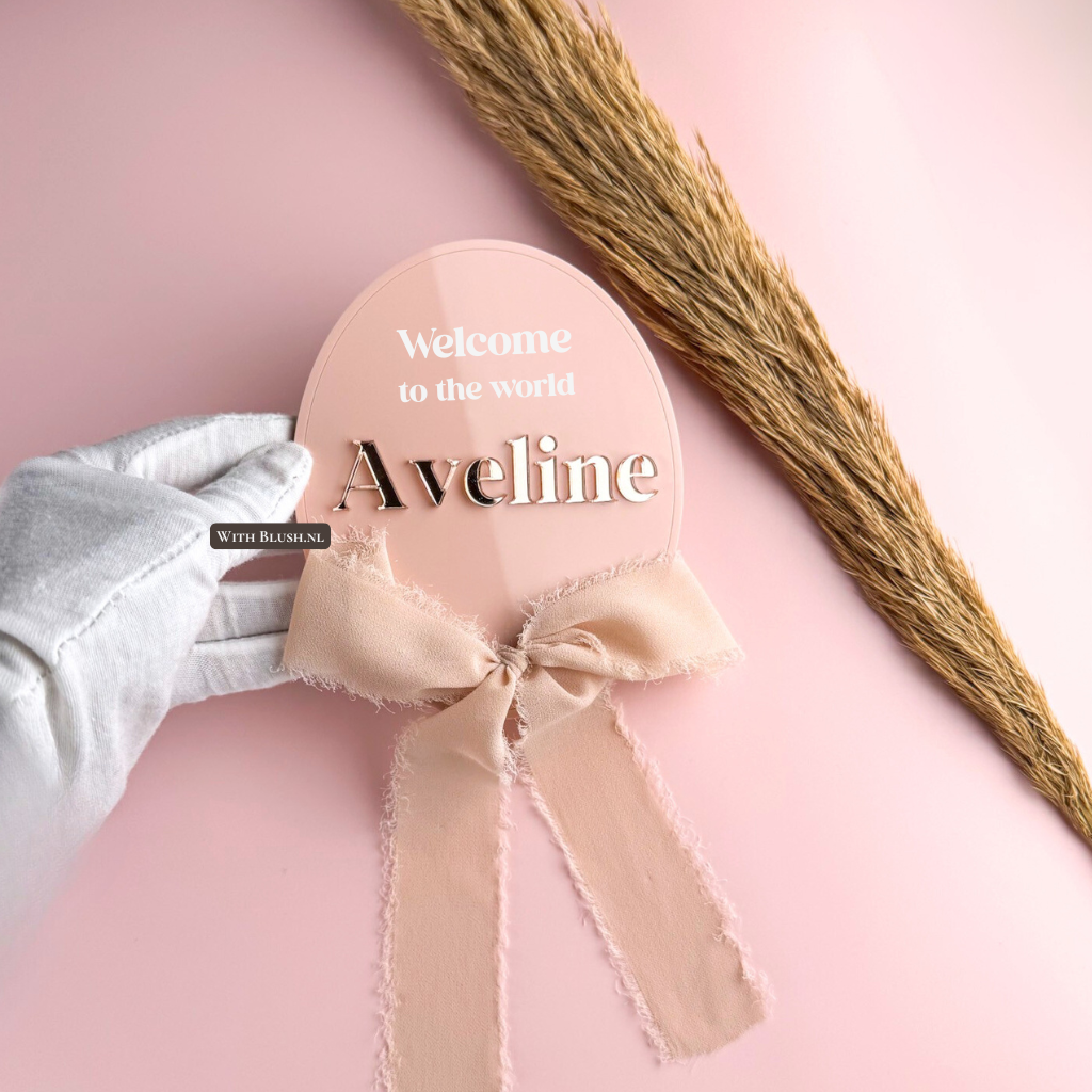 gepersonaliseerd vintage ovaal geboortebord van plexiglas met naam en Welcome to THE WORLD gegraveerd