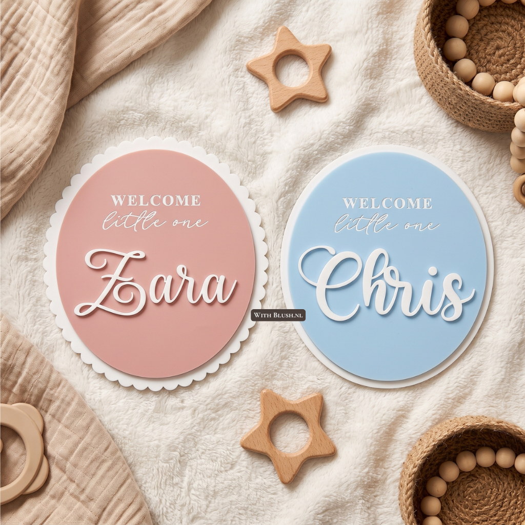 Gepersonaliseerd ovaal 3D geboortebord van mat plexiglas met schulprand, de gravure 'WELCOME Little one' en een witte 3D naam.