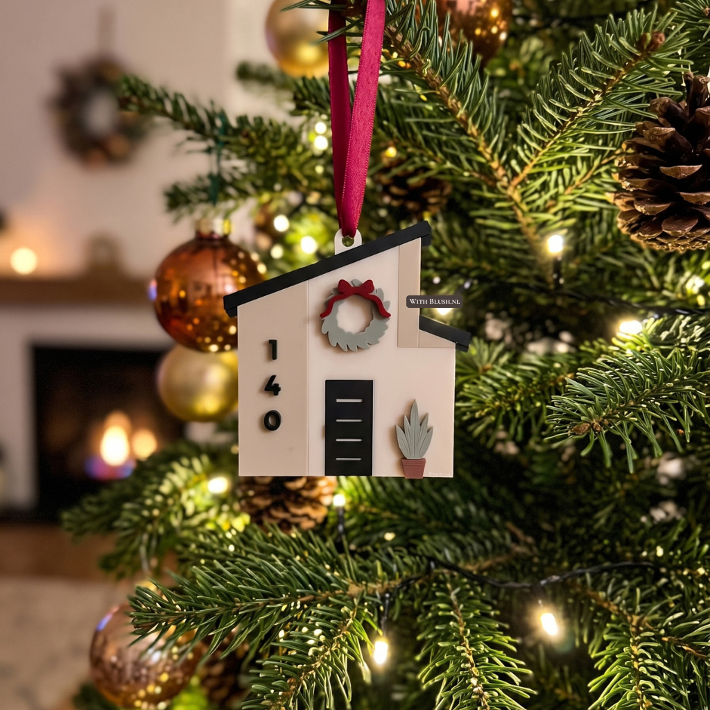 Modern kerstornament in de vorm van een huisje met huisnummer 140 en een kerstkrans, hangend aan een rode lint in een verlichte kerstboom.