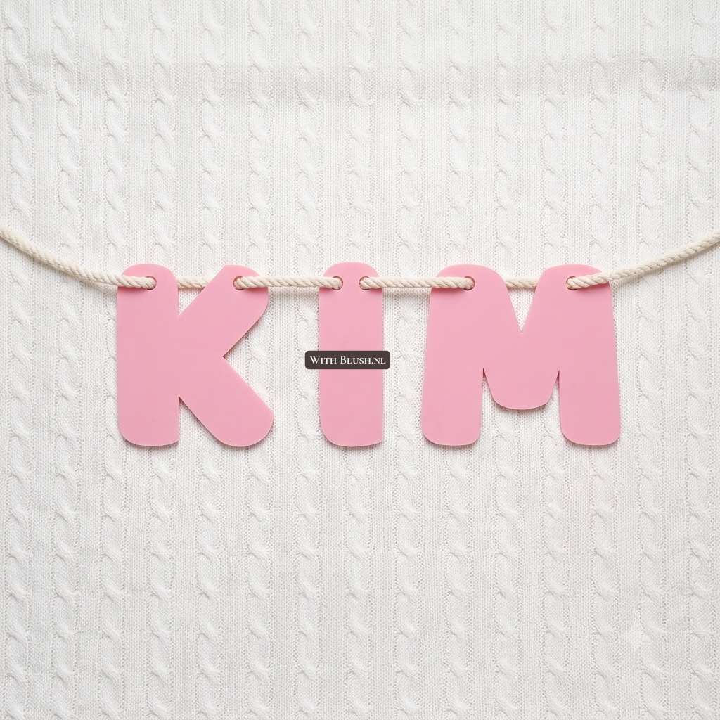 Gepersonaliseerde roze plexiglas naamslinger met losse letters aan een wit katoenen touw voor de babykamer